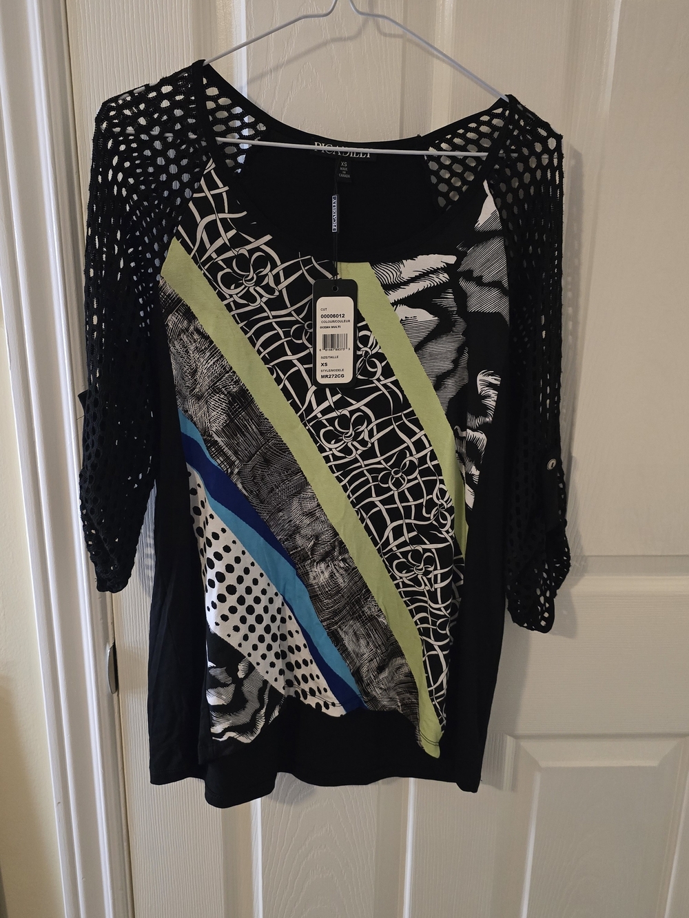 Picadilly Black Mixed-Print Mesh Sleeve Women's Top - Lime & Blue Accents